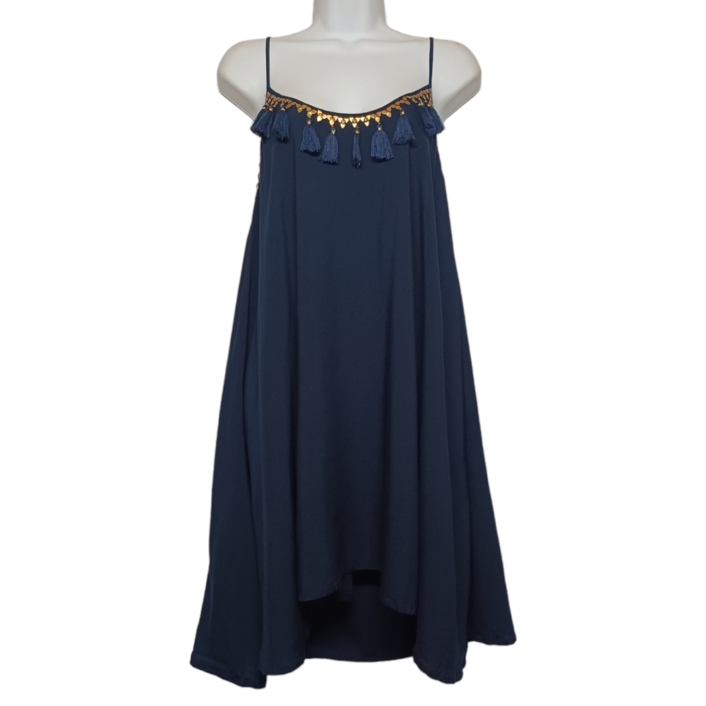 POOL TO PARTY BY SUBTLE LUXURY Blue Tassel Floral Studded Mini Dress M/L NWT